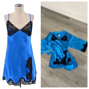Matching Set NWT Frederick's of Hollywood Blue Satin Chemise with Black Lace